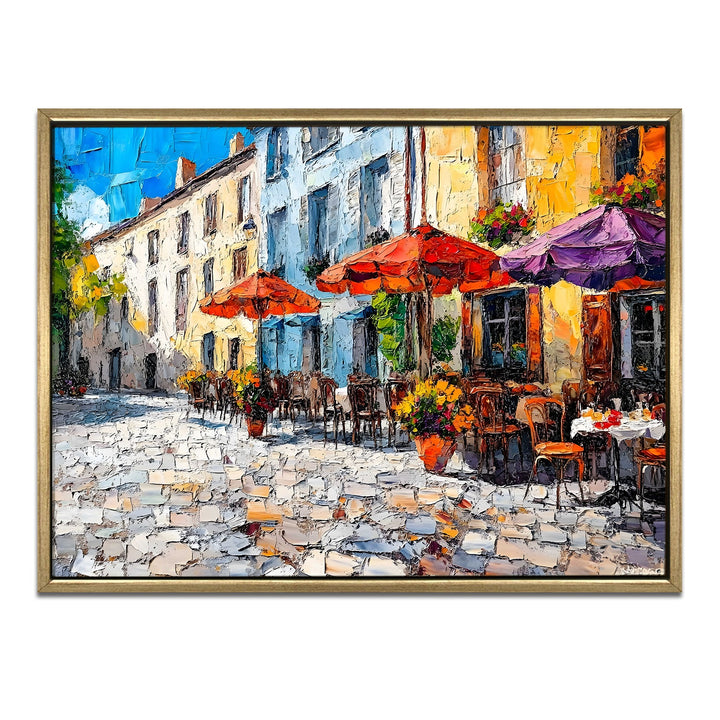 Cobblestone market square in southern France Wall Art, HD Canvas Print, Golden Floater Framed, Ready to Hang, (36 In x 48 In) (CAFE-WA-17)