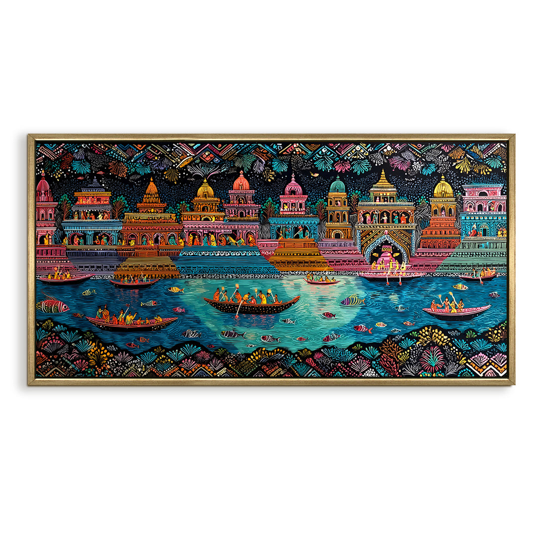 Banaras Ghats Painting Wall Art – Varanasi Riverfront with Golden Floater Frame – HD Print Large Canvas, Ready to Hang, Size: 2X4FT, (BAWA46)