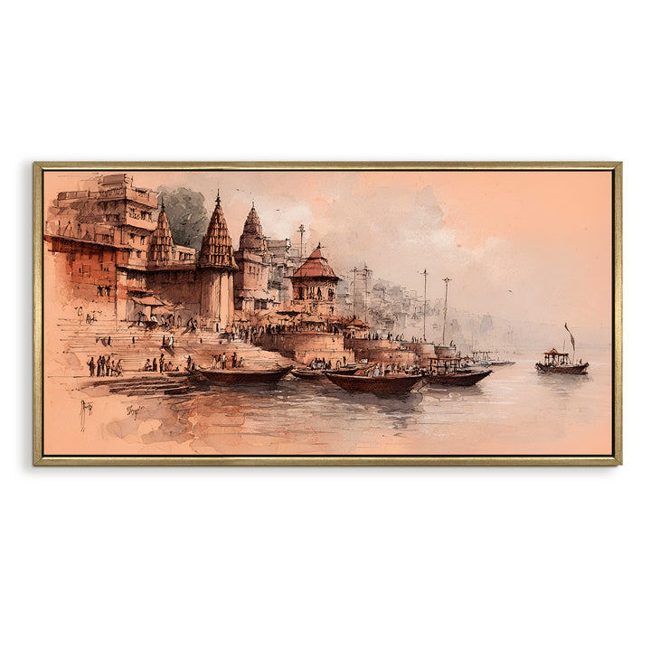 Banaras Ghats Painting Wall Art – Varanasi Riverfront with Golden Floater Frame – HD Print Large Canvas, Ready to Hang, Size: 2X4FT, (BAWA40)