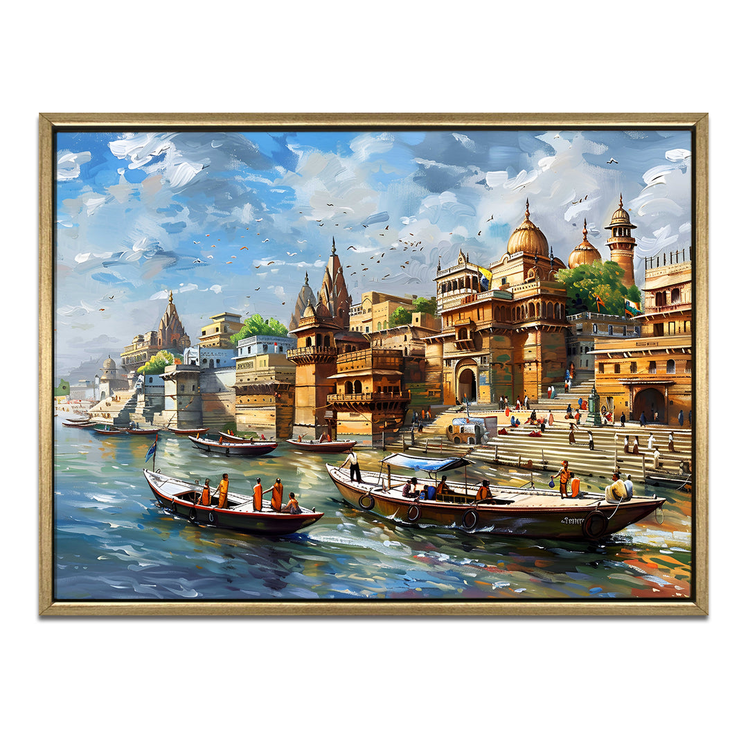 Banaras Ghats Painting Wall Art – Varanasi Riverfront with Golden Floater Frame – HD Print Large Canvas, Ready to Hang, Size: 3X4FT, (BAWA17)