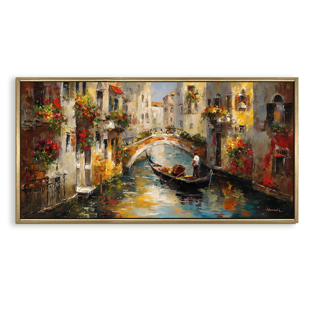European Gondola Wall Art, HD Canvas Print, Golden Floater Framed, Ready to Hang, (24 In x 48 In). (EURP-WA-10)