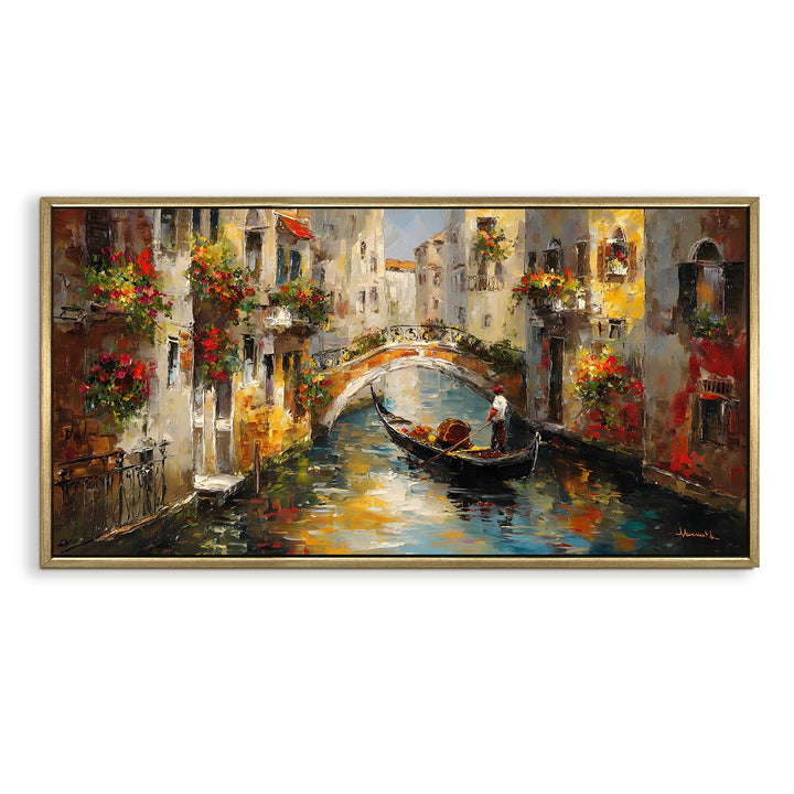 European Gondola Wall Art, HD Canvas Print, Golden Floater Framed, Ready to Hang, (24 In x 48 In). (EURP-WA-10)