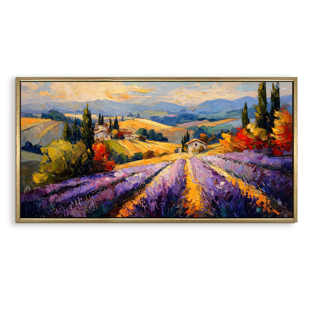 Tuscan Lavender Fields Wall Art, HD Canvas Print, Golden Floater Framed, Ready to Hang, (24 In x 48 In). (EURP-WA-09)