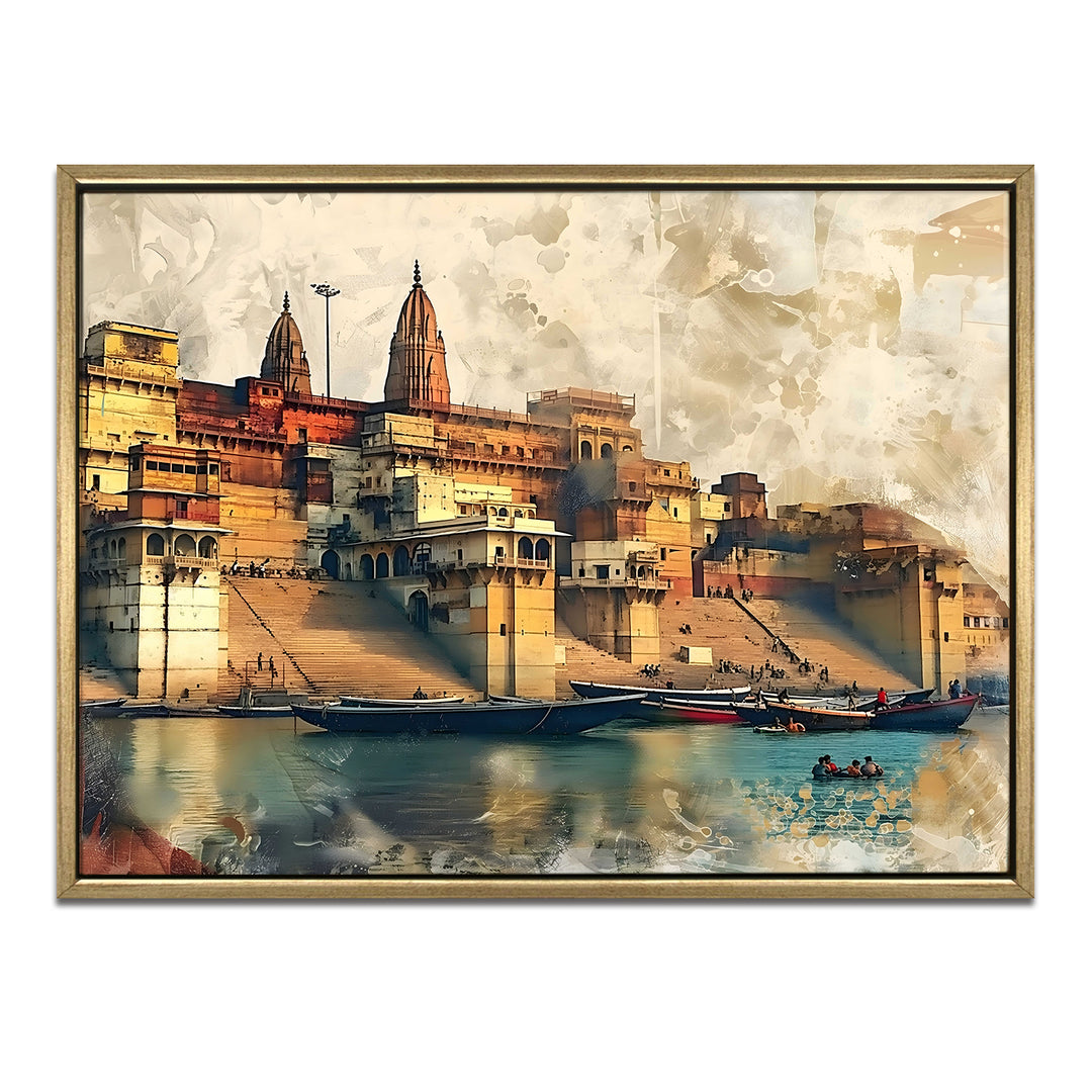 Banaras Ghats Painting Wall Art – Varanasi Riverfront with Golden Floater Frame – HD Print Large Canvas, Ready to Hang, Size: 3X4FT, (BAWA30)