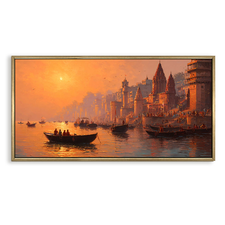 Banaras Ghats Painting Wall Art – Varanasi Riverfront with Golden Floater Frame – HD Print Large Canvas, Ready to Hang, Size: 2X4FT, (BAWA34)