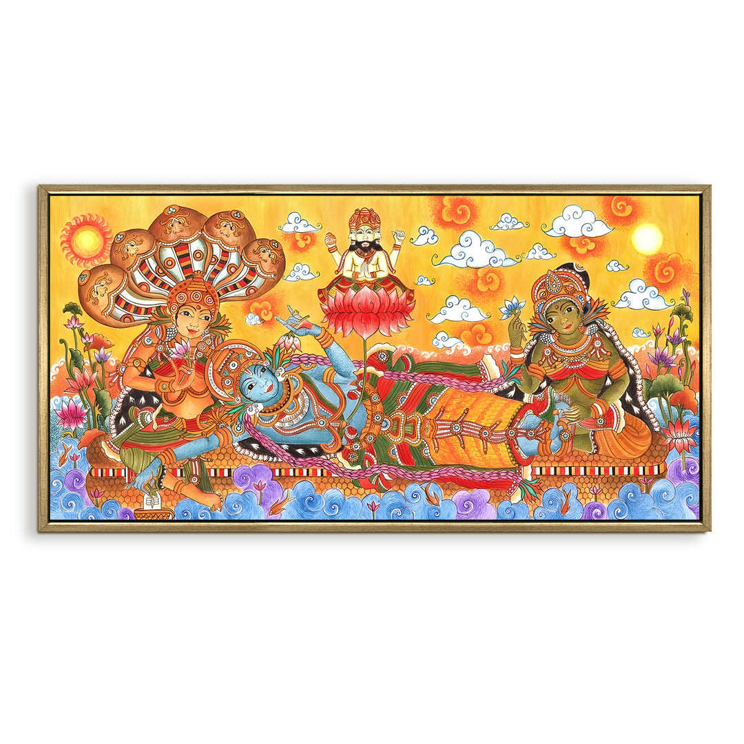 Kerala Mural Wall Art – Vishnu Ananthasayana HD Canvas Print | Painting with Lakshmi & Brahma – Spiritual Home & Temple Decor – Size: 2ft X 4ft (GOLDEN FLOATING FRAME) (KAMUWA04)
