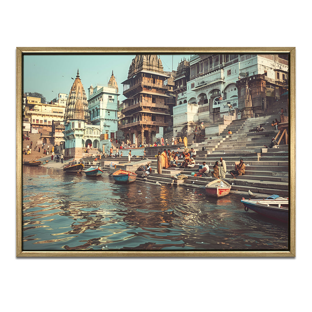 Banaras Ghats Painting Wall Art – Varanasi Riverfront with Golden Floater Frame – HD Print Large Canvas, Ready to Hang, Size: 3X4FT, (BAWA29)