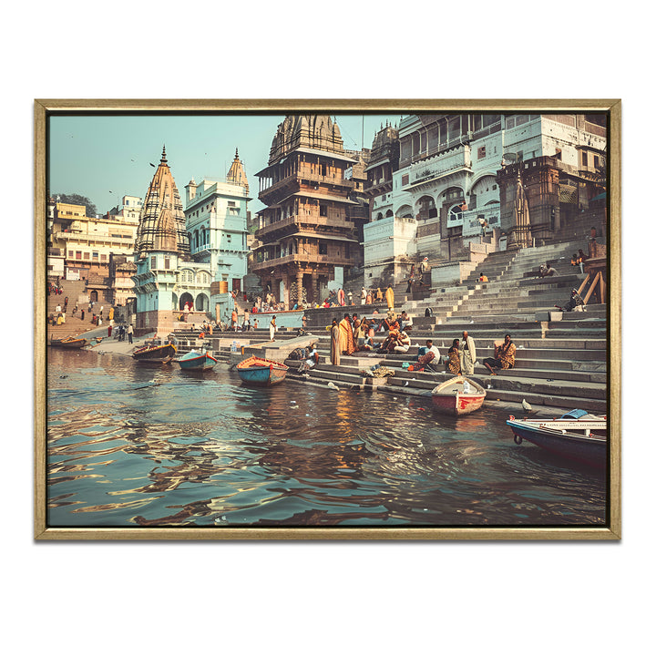 Banaras Ghats Painting Wall Art – Varanasi Riverfront with Golden Floater Frame – HD Print Large Canvas, Ready to Hang, Size: 3X4FT, (BAWA29)