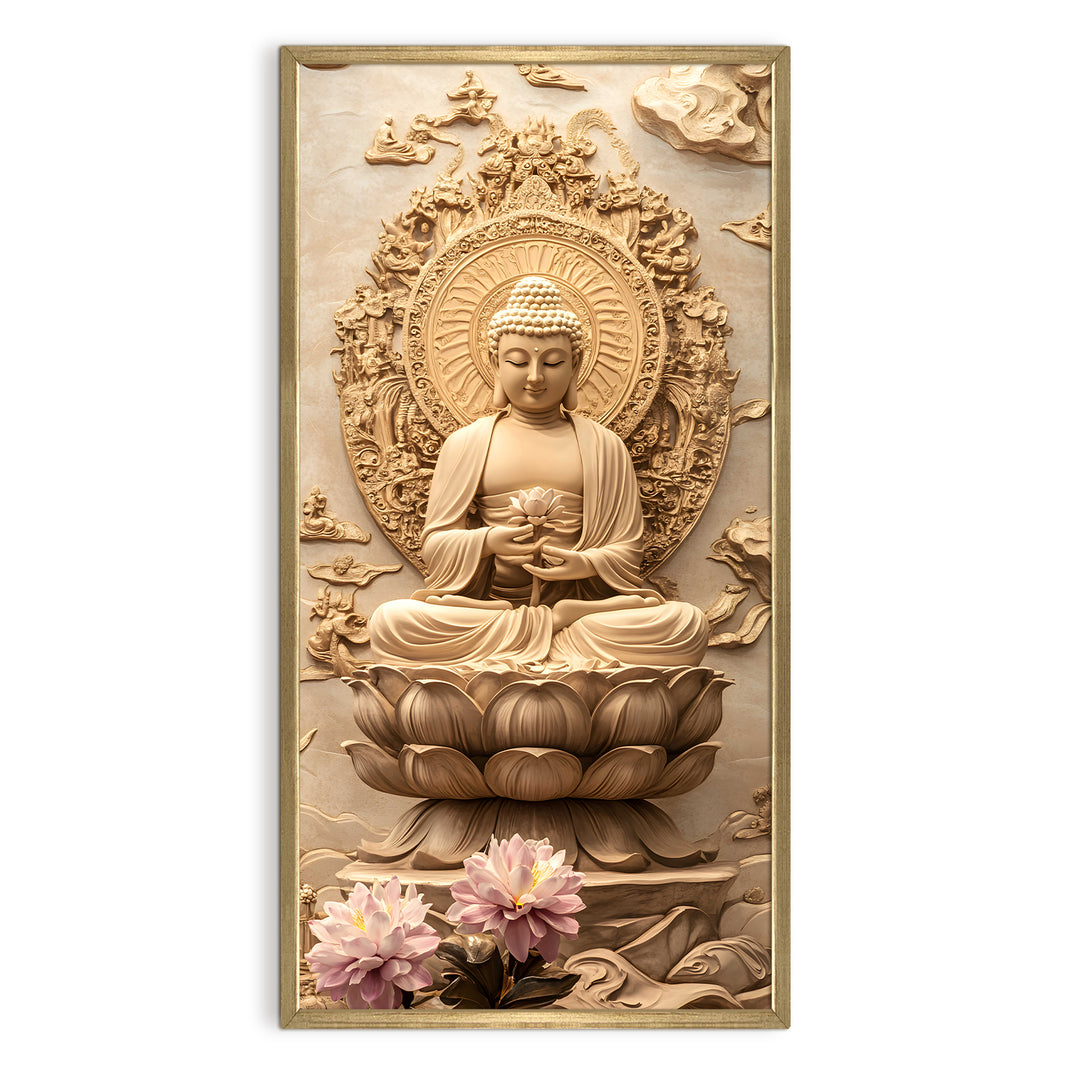 Divine Buddha Meditation Portrait Wall Art, HD Canvas Print, Golden Box Framed, Ready to Hang, (48 In x 24 In) (BDWA37)