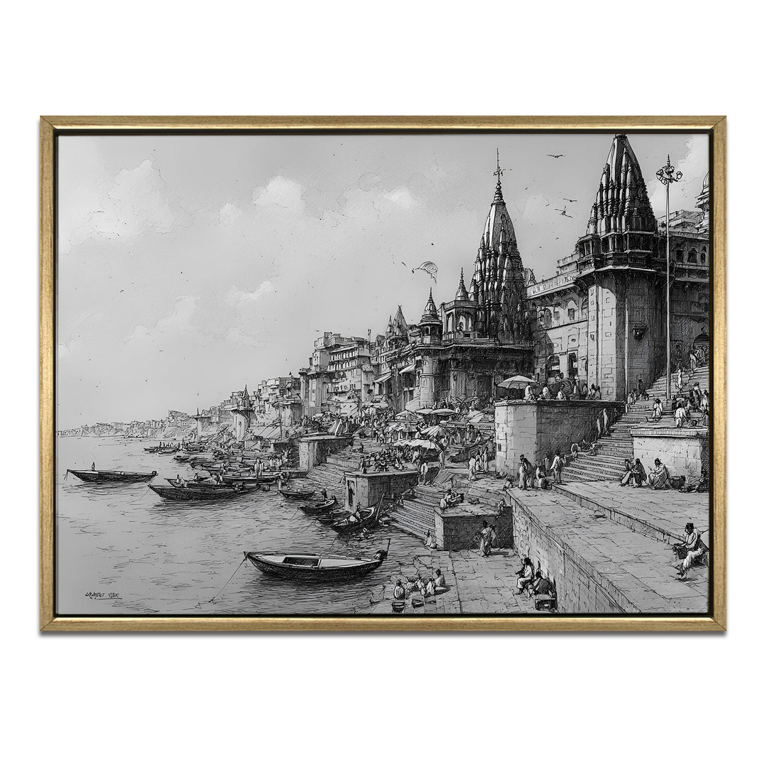 Banaras Ghats Painting Wall Art – Varanasi Riverfront with Golden Floater Frame – HD Print Large Canvas, Ready to Hang, Size: 3X4FT, (BAWA12)