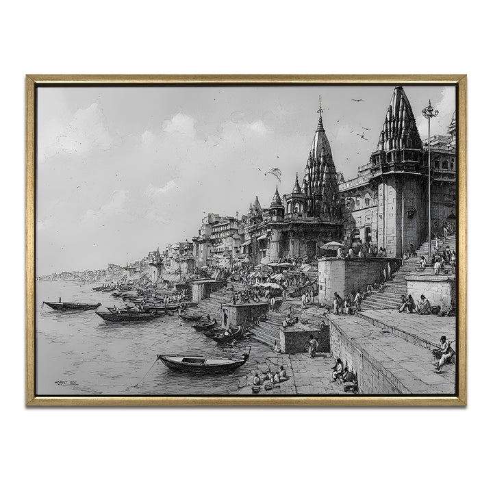Banaras Ghats Painting Wall Art – Varanasi Riverfront with Golden Floater Frame – HD Print Large Canvas, Ready to Hang, Size: 3X4FT, (BAWA12)