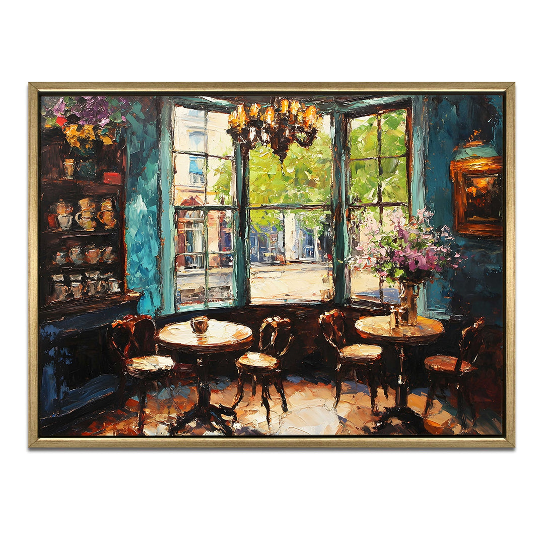 Elegant London tea shop with Victorian windows Wall Art, HD Canvas Print, Golden Floater Framed, Ready to Hang, (36 In x 48 In) (CAFE-WA-16)
