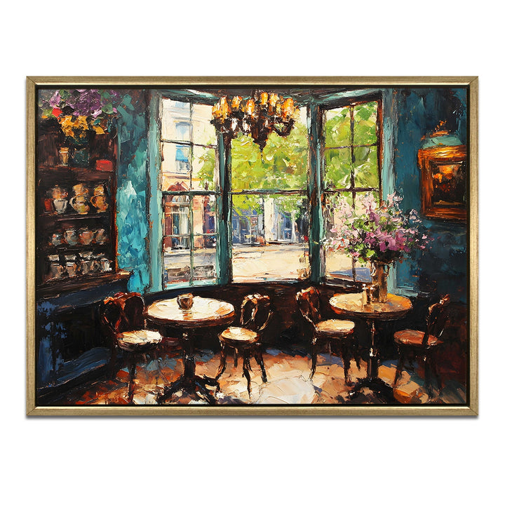 Elegant London tea shop with Victorian windows Wall Art, HD Canvas Print, Golden Floater Framed, Ready to Hang, (36 In x 48 In) (CAFE-WA-16)