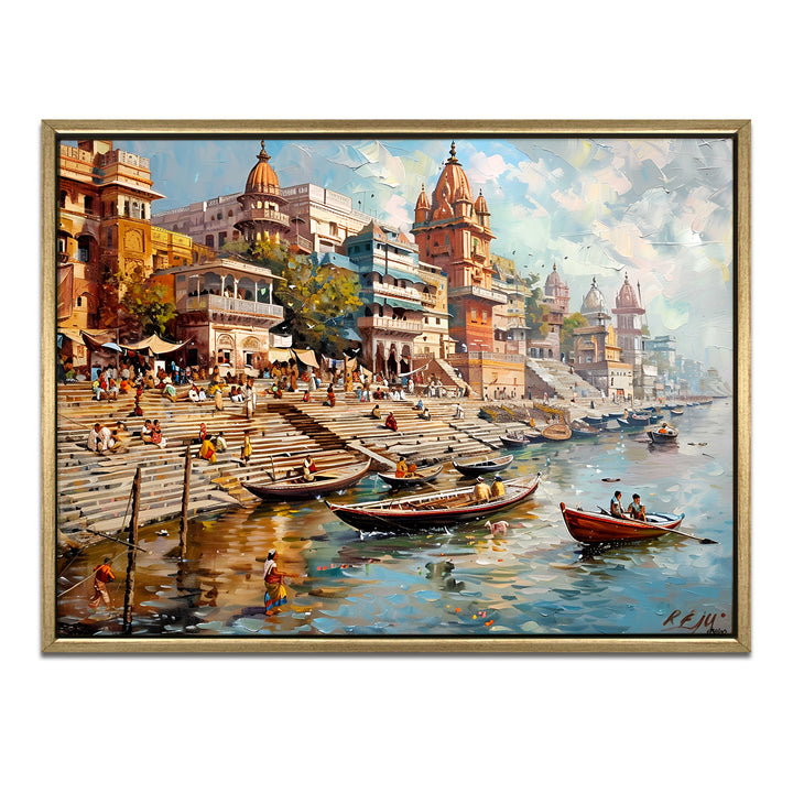 Banaras Ghats Painting Wall Art – Varanasi Riverfront with Golden Floater Frame – HD Print Large Canvas, Ready to Hang, Size: 3X4FT, (BAWA06)