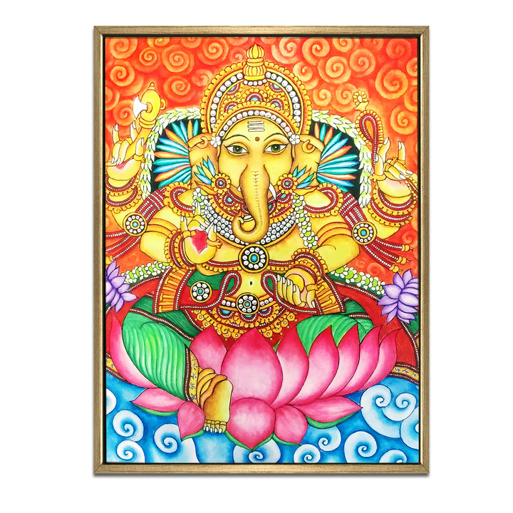 Kerala Mural Canvas Print Painting with Golden Floating Frame – Traditional Indian Wall Art for Home & Office Decor – Size: 3X4 Feet (KAMUWA06)