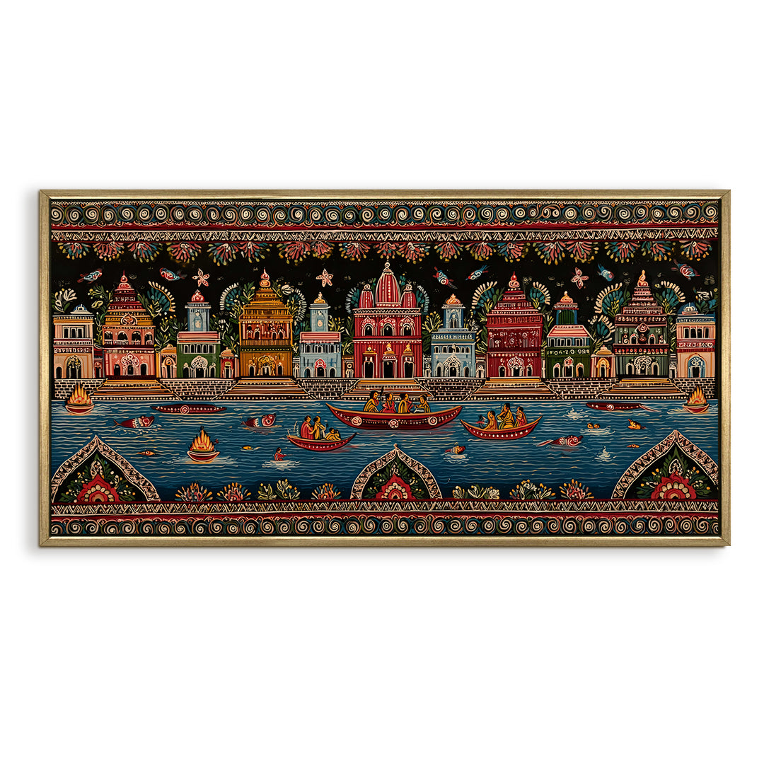 Banaras Ghats Painting Wall Art – Varanasi Riverfront with Golden Floater Frame – HD Print Large Canvas, Ready to Hang, Size: 2X4FT, (BAWA43)