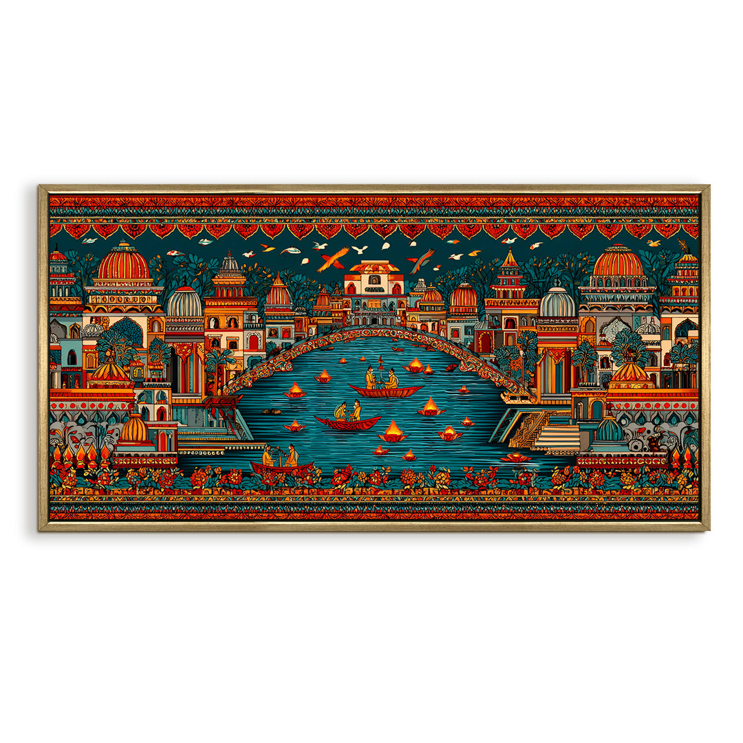 Banaras Ghats Painting Wall Art – Varanasi Riverfront with Golden Floater Frame – HD Print Large Canvas, Ready to Hang, Size: 2X4FT, (BAWA45)