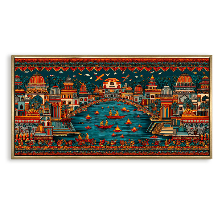 Banaras Ghats Painting Wall Art – Varanasi Riverfront with Golden Floater Frame – HD Print Large Canvas, Ready to Hang, Size: 2X4FT, (BAWA45)