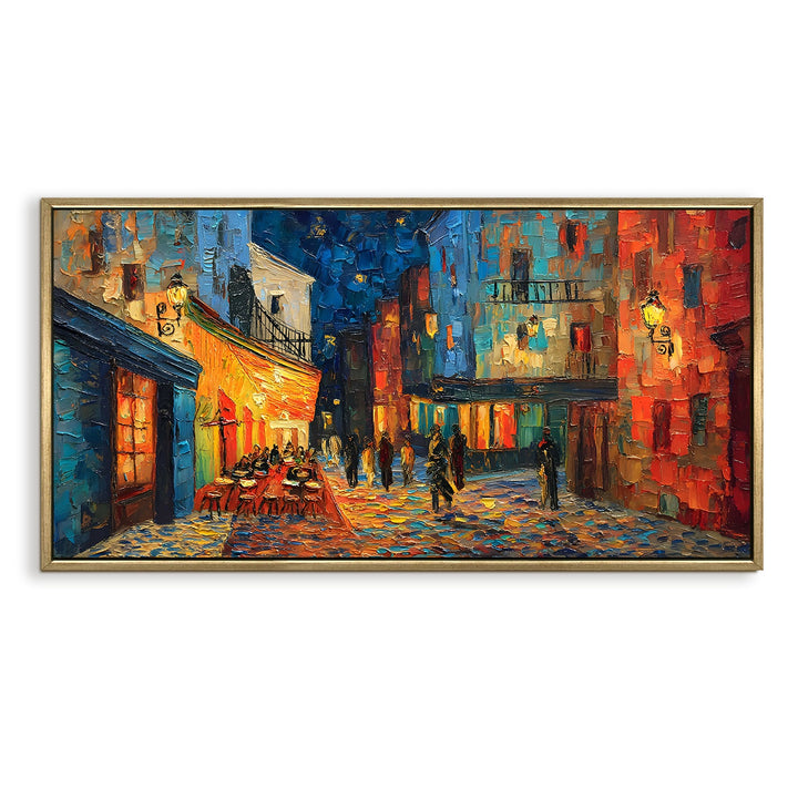 Colorful European Alley at Night – Abstract Wall Art, HD Canvas Print, Golden Floater Framed, Ready to Hang, (24 In x 48 In) (VNG-WA-01)