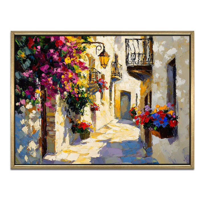 Narrow alley with balconies full of flowers Wall Art, HD Canvas Print, Golden Floater Framed, Ready to Hang, (36 In x 48 In) (CITY-WA-07)