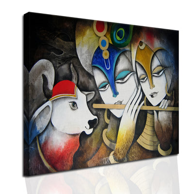 Krishna and Radha Wall Art Canvas Paintings Framed on Wood