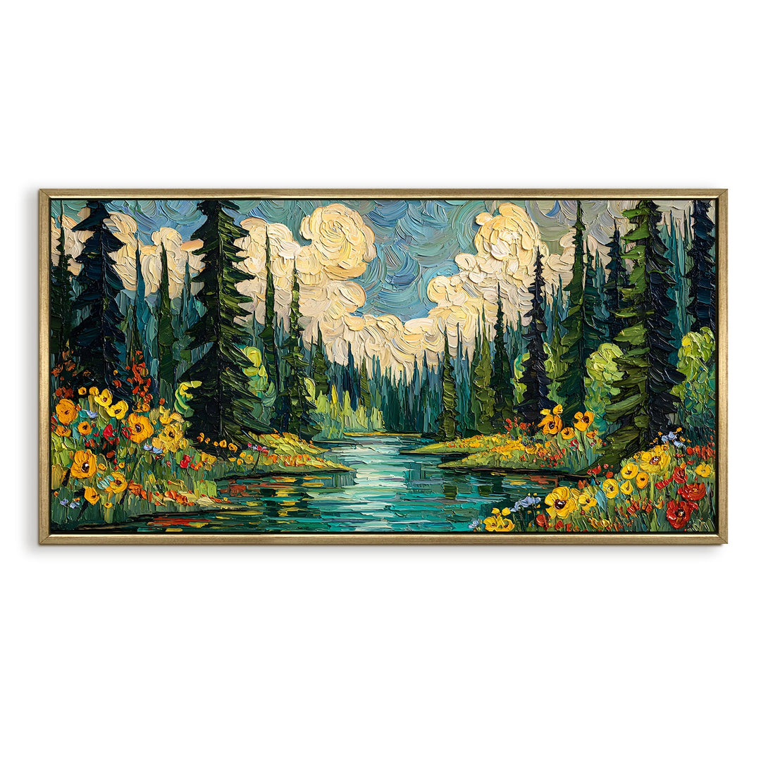 Vibrant Forest Scene with Sparkling River Wall Art, HD Canvas Print, Golden Floater Framed, Ready to Hang, (24 In x 48 In) (VNG-WA-02)