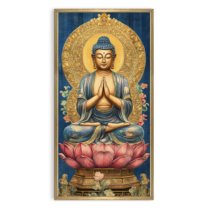 Golden Aura Buddha Portrait on Red Lotus Wall Art, HD Canvas Print, Golden Box Framed, Ready to Hang, (48 In x 24 In) (BDWA40)