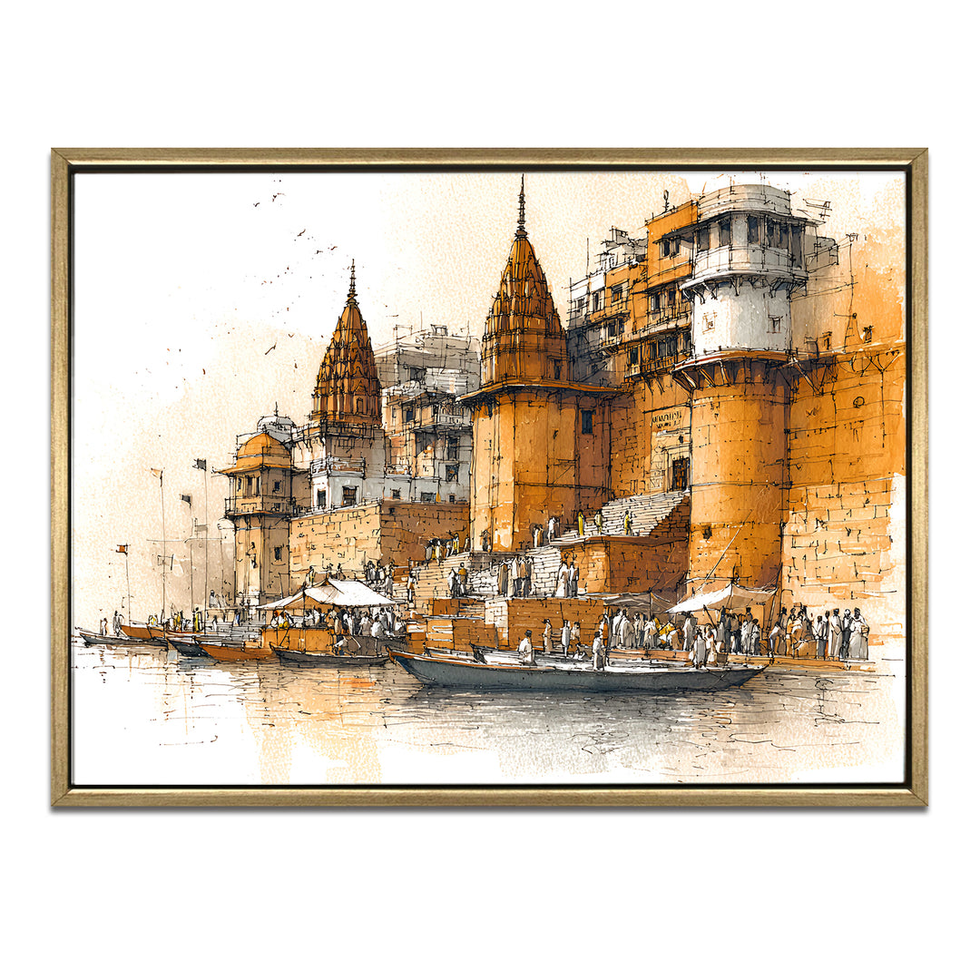 Banaras Ghats Painting Wall Art – Varanasi Riverfront with Golden Floater Frame – HD Print Large Canvas, Ready to Hang, Size: 3X4FT, (BAWA15)