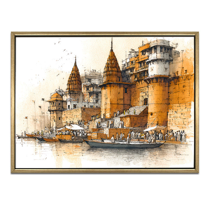 Banaras Ghats Painting Wall Art – Varanasi Riverfront with Golden Floater Frame – HD Print Large Canvas, Ready to Hang, Size: 3X4FT, (BAWA15)
