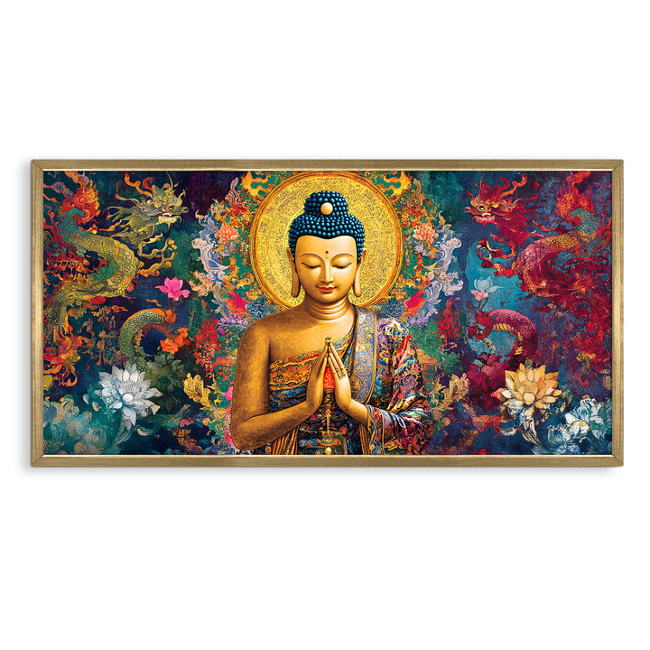 Divine Buddha with Prayer Pose Wall Art, HD Canvas Print, Golden Box Framed, Ready to Hang, (24 In x 48 In) (BDWA29)