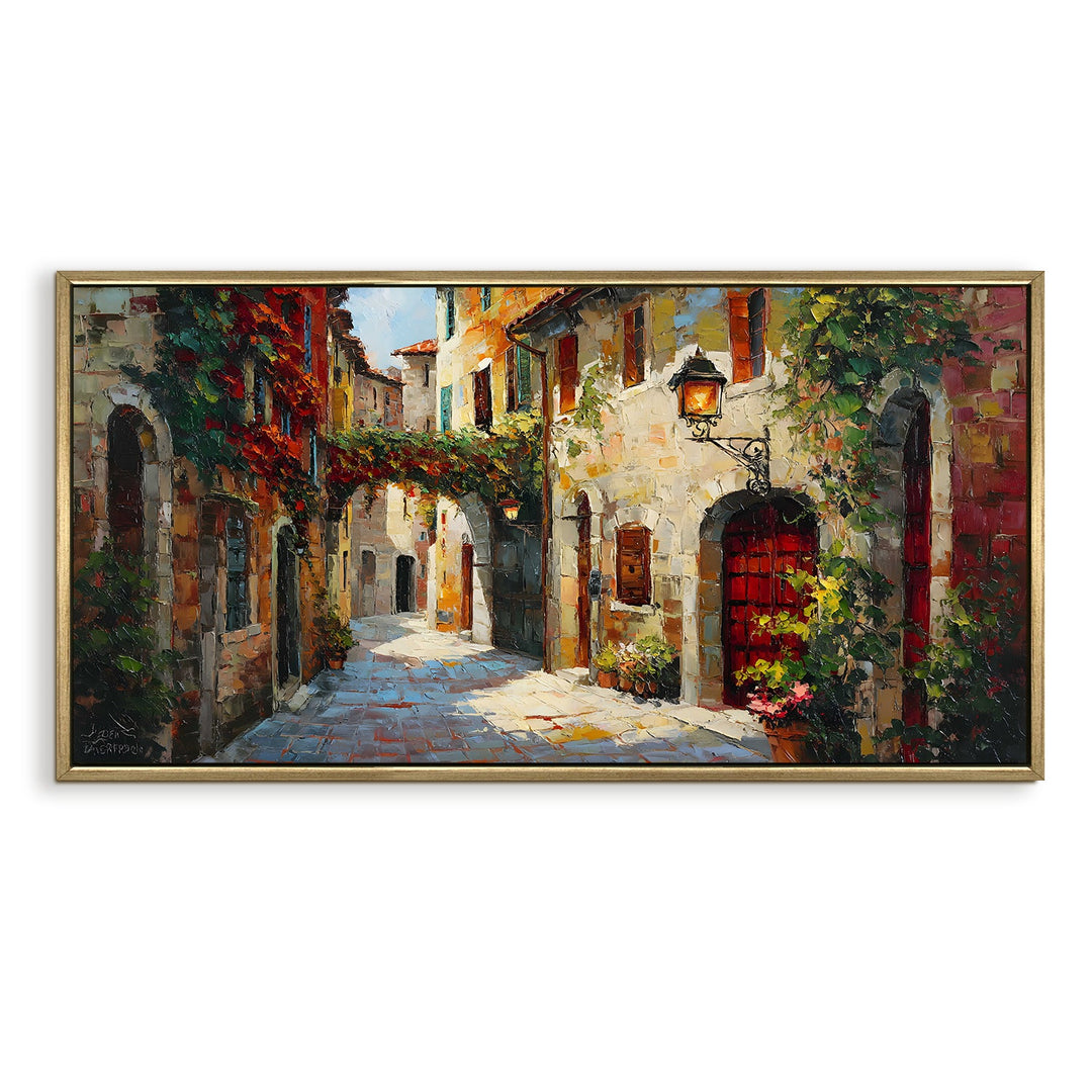 Romantic Tuscan Street Wall Art, HD Canvas Print, Golden Floater Framed, Ready to Hang, (24 In x 48 In). (EURP-WA-08)