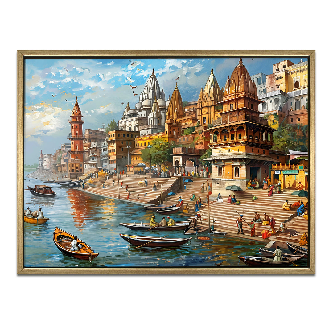 Banaras Ghats Painting Wall Art – Varanasi Riverfront with Golden Floater Frame – HD Print Large Canvas, Ready to Hang, Size: 3X4FT, (BAWA26)