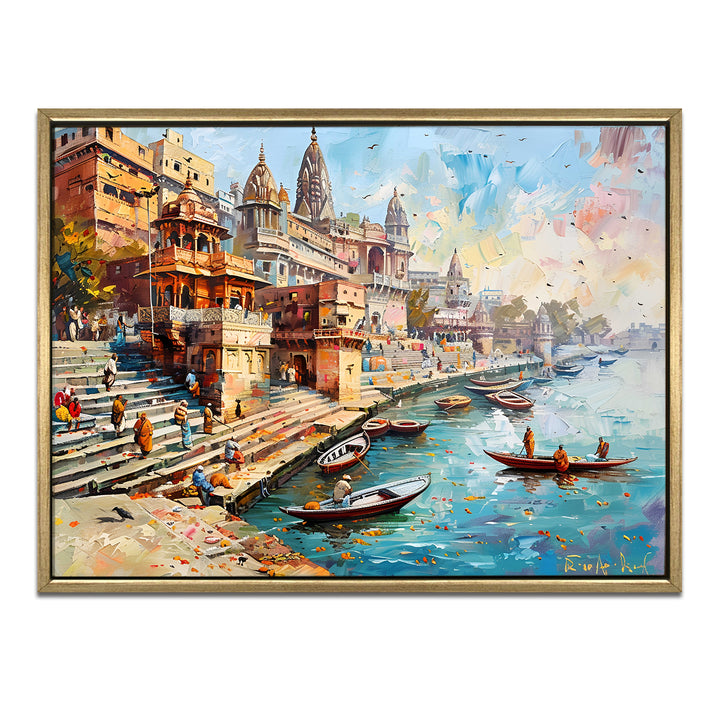 Banaras Ghats Painting Wall Art – Varanasi Riverfront with Golden Floater Frame – HD Print Large Canvas, Ready to Hang, Size: 3X4FT, (BAWA28)