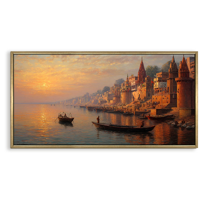 Banaras Ghats Painting Wall Art – Varanasi Riverfront with Golden Floater Frame – HD Print Large Canvas, Ready to Hang, Size: 2X4FT, (BAWA33)