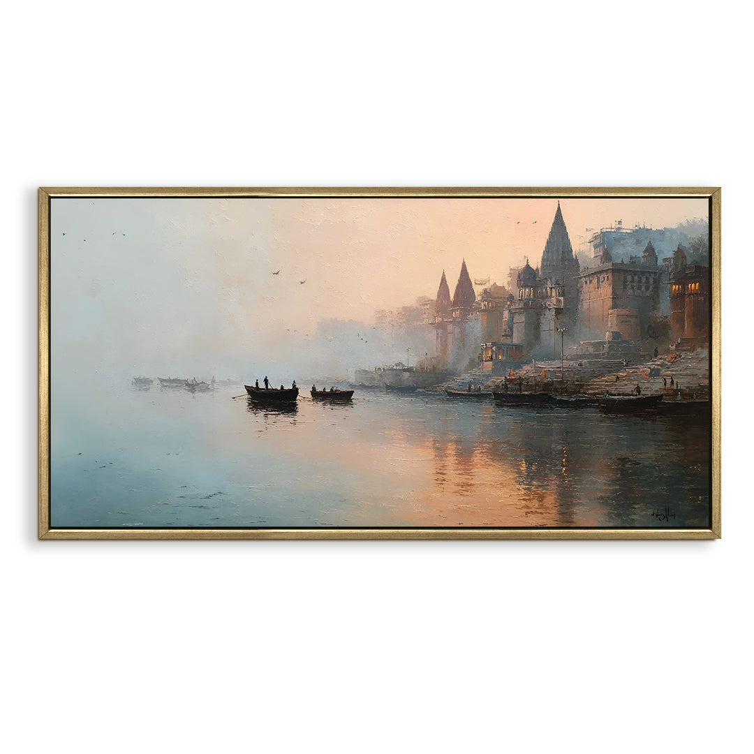 Banaras Ghats Painting Wall Art – Varanasi Riverfront with Golden Floater Frame – HD Print Large Canvas, Ready to Hang, Size: 2X4FT, (BAWA37)