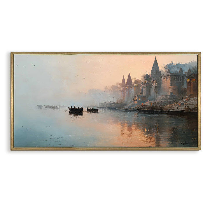 Banaras Ghats Painting Wall Art – Varanasi Riverfront with Golden Floater Frame – HD Print Large Canvas, Ready to Hang, Size: 2X4FT, (BAWA37)
