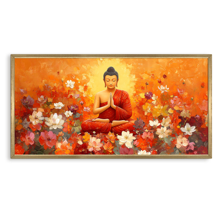 Meditating Buddha in Floral Bliss Wall Art, HD Canvas Print, Golden Box Framed, Ready to Hang, (24 In x 48 In) (BDWA32)