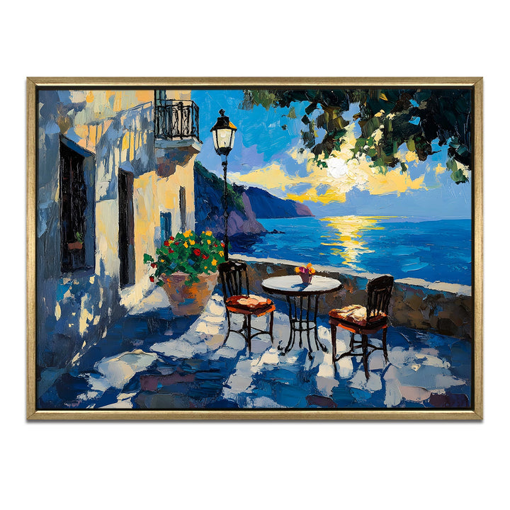 Blue-domed café by the sea cliffs Wall Art, HD Canvas Print, Golden Floater Framed, Ready to Hang, (36 In x 48 In) (CITY-WA-04)