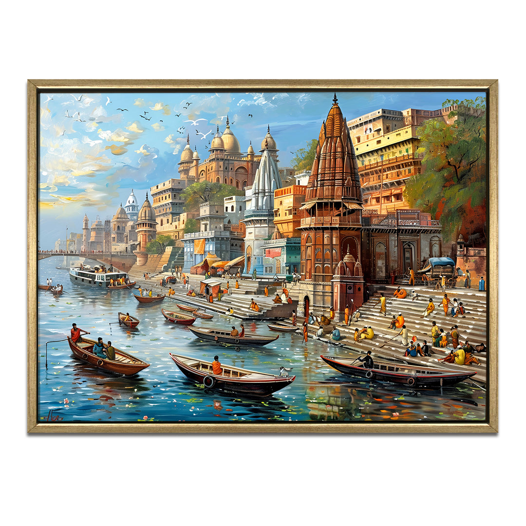 Banaras Ghats Painting Wall Art – Varanasi Riverfront with Golden Floater Frame – HD Print Large Canvas, Ready to Hang, Size: 3X4FT, (BAWA13)