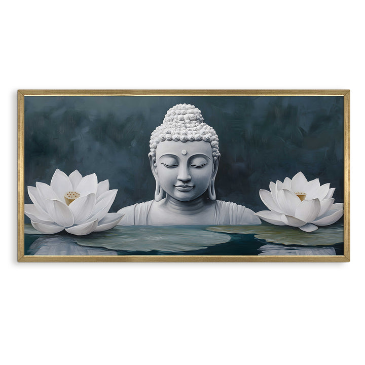 Buddha with White Lotus Wall Art, HD Canvas Print, Golden Box Framed, Ready to Hang, (24 In x 48 In) (BDWA33)