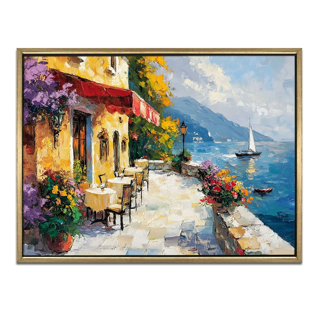 Seaside Italian restaurant terrace at golden hour Wall Art, HD Canvas Print, Golden Floater Framed, Ready to Hang, (36 In x 48 In) (CAFE-WA-13)