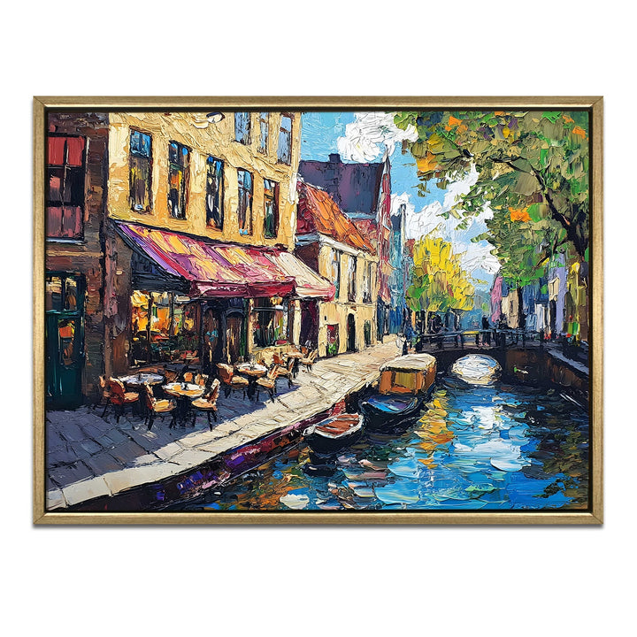 Canal-side brunch café in Amsterdam Wall Art, HD Canvas Print, Golden Floater Framed, Ready to Hang, (36 In x 48 In) (CAFE-WA-12)