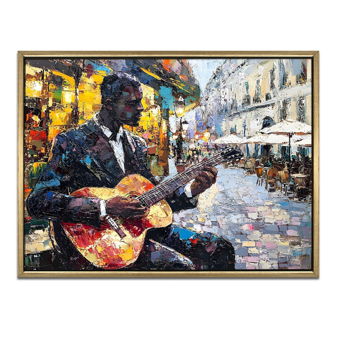 Guitarist performing in a cobbled plaza Wall Art, HD Canvas Print, Golden Floater Framed, Ready to Hang, (36 In x 48 In) (CITY-WA-05)