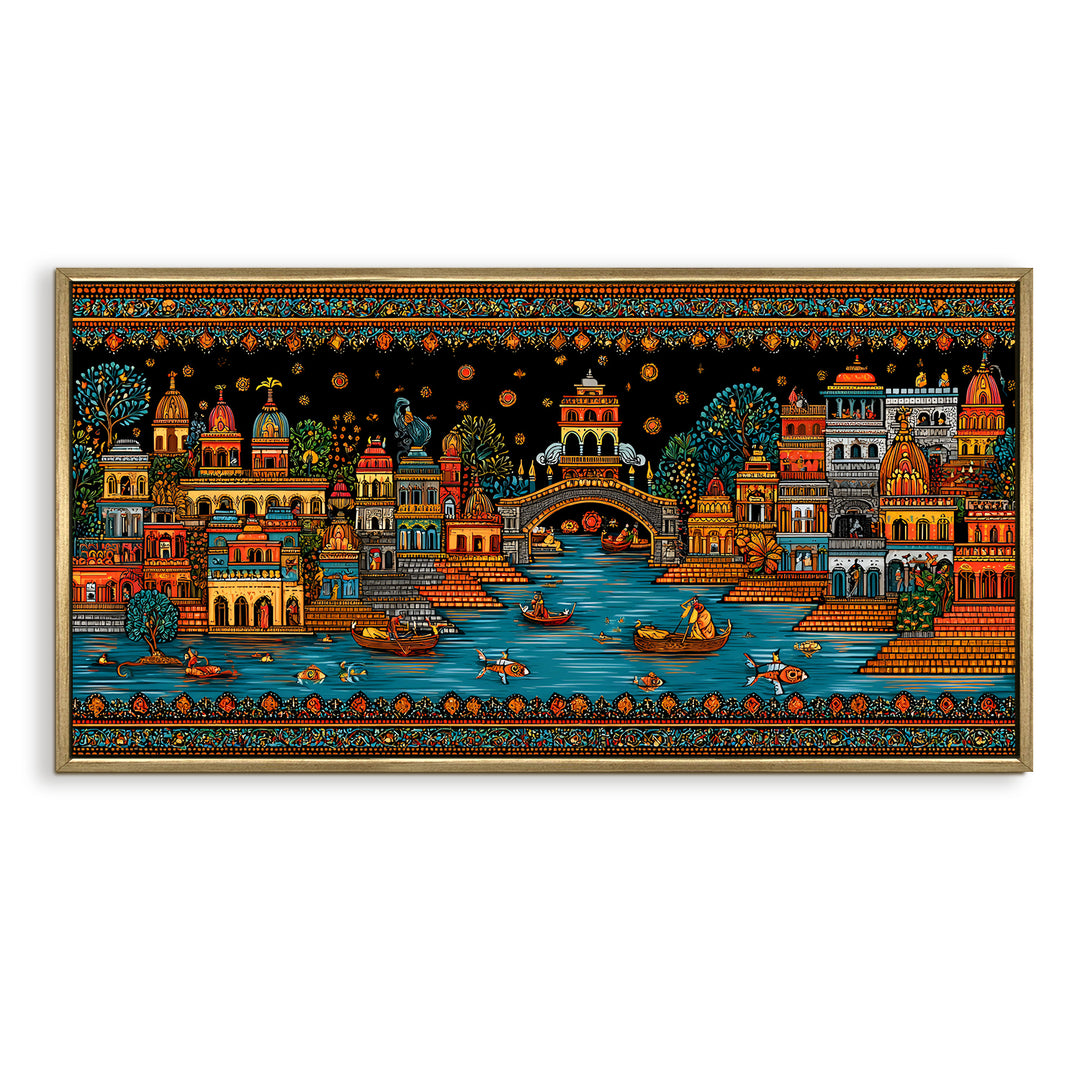 Banaras Ghats Painting Wall Art – Varanasi Riverfront with Golden Floater Frame – HD Print Large Canvas, Ready to Hang, Size: 2X4FT, (BAWA44)