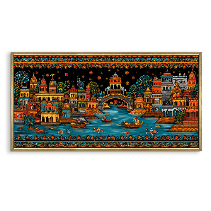 Banaras Ghats Painting Wall Art – Varanasi Riverfront with Golden Floater Frame – HD Print Large Canvas, Ready to Hang, Size: 2X4FT, (BAWA44)
