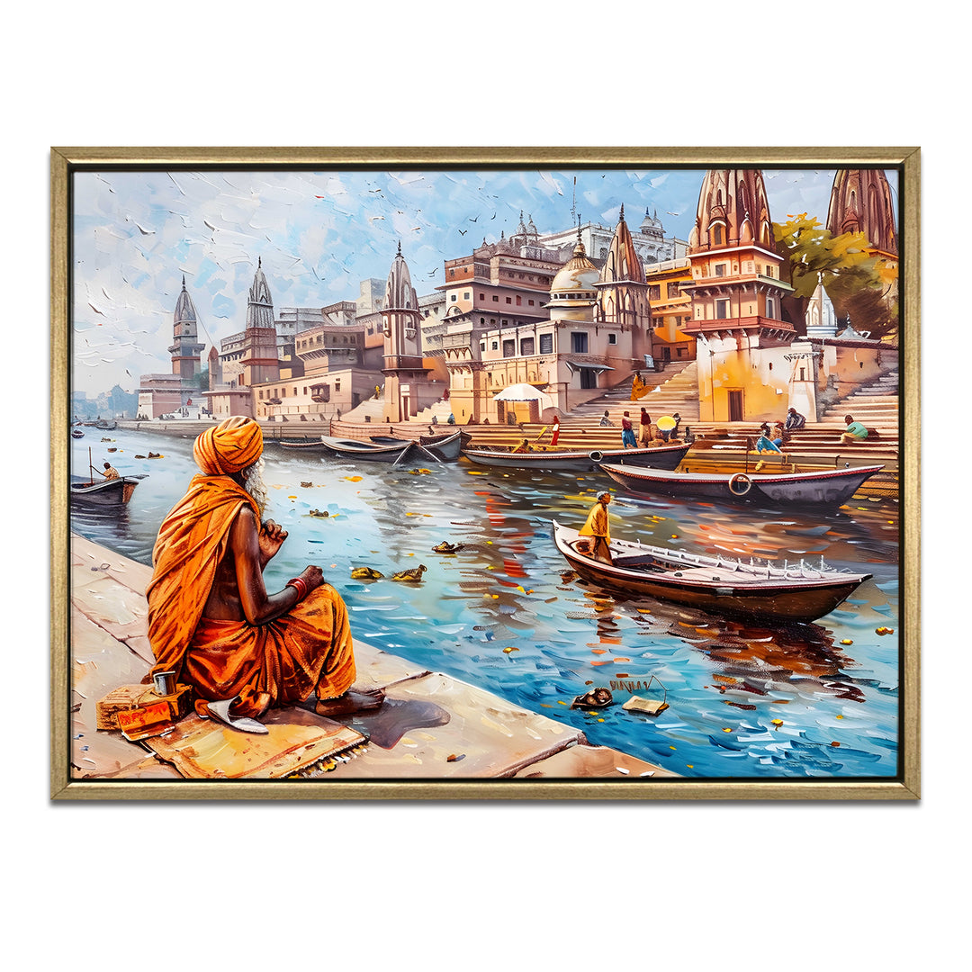 Banaras Ghats Painting Wall Art – Varanasi Riverfront with Golden Floater Frame – HD Print Large Canvas, Ready to Hang, Size: 3X4FT, (BAWA27)