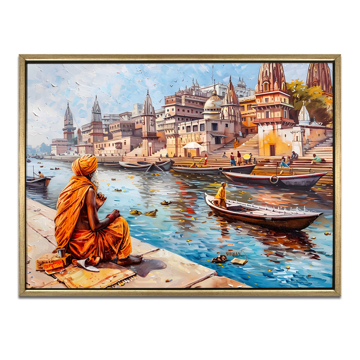 Banaras Ghats Painting Wall Art – Varanasi Riverfront with Golden Floater Frame – HD Print Large Canvas, Ready to Hang, Size: 3X4FT, (BAWA27)