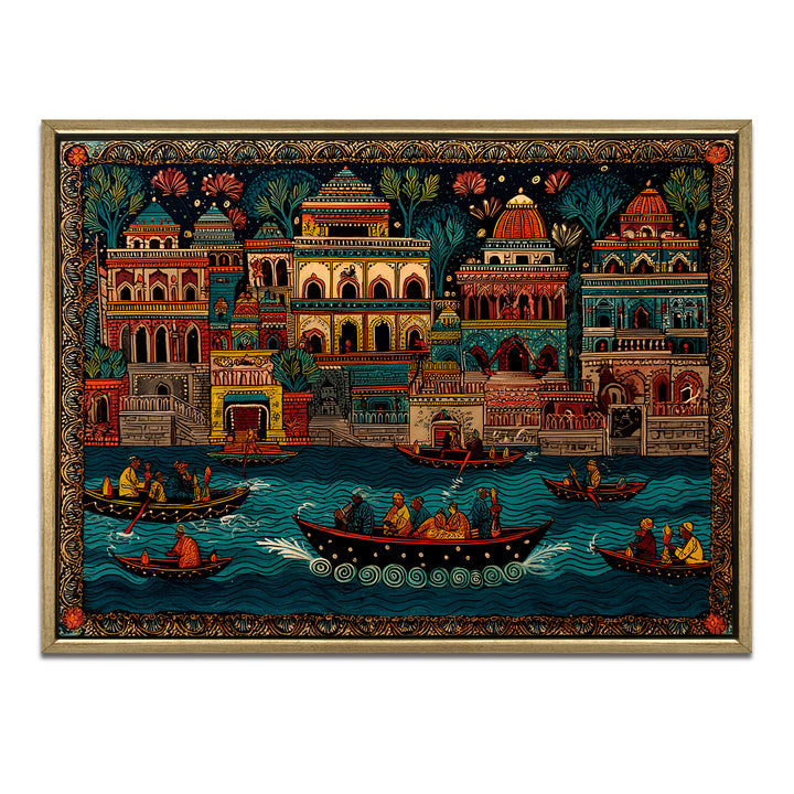 Banaras Ghats Painting Wall Art – Varanasi Riverfront with Golden Floater Frame – HD Print Large Canvas, Ready to Hang, Size: 3X4FT, (BAWA22)
