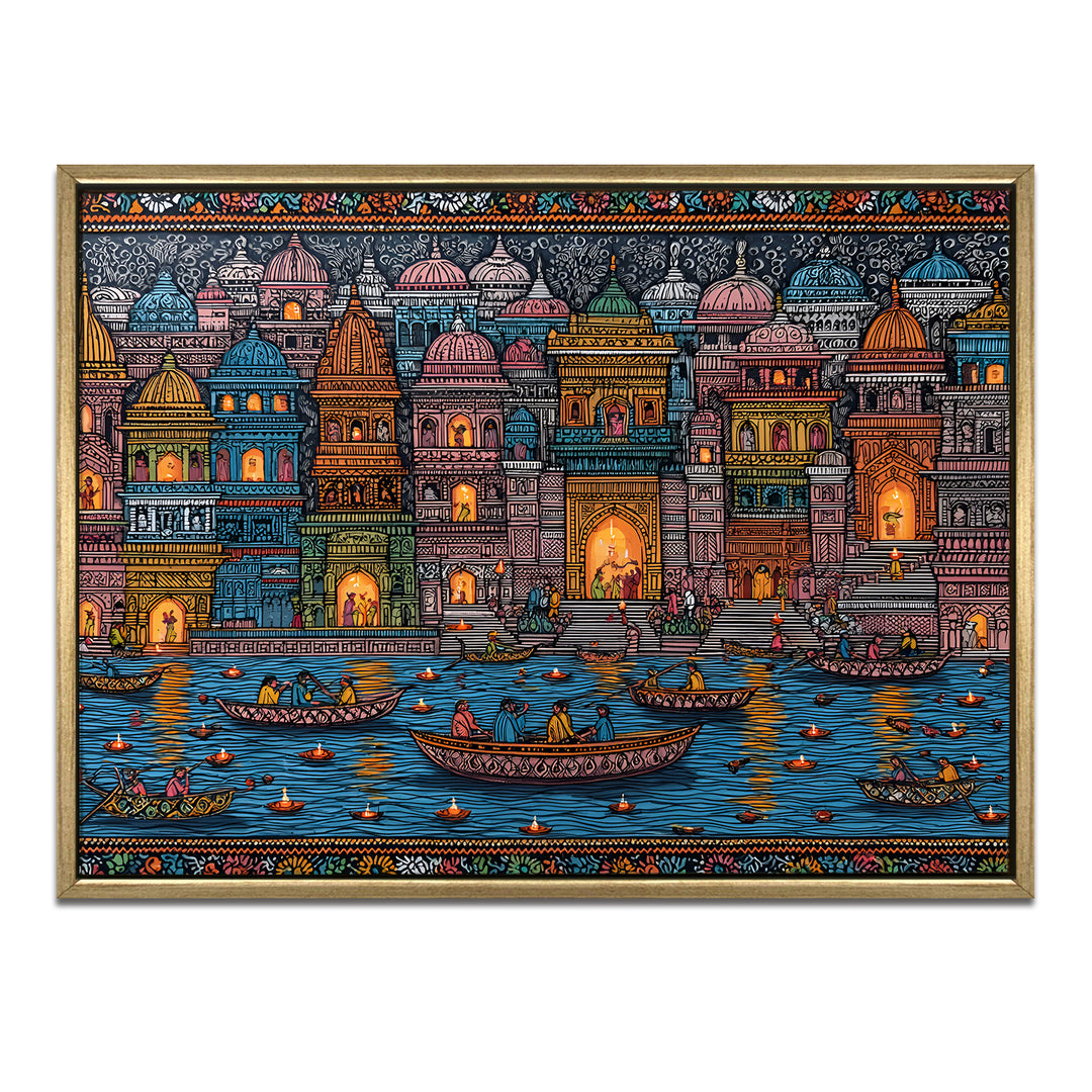 Banaras Ghats Painting Wall Art – Varanasi Riverfront with Golden Floater Frame – HD Print Large Canvas, Ready to Hang, Size: 3X4FT, (BAWA21)