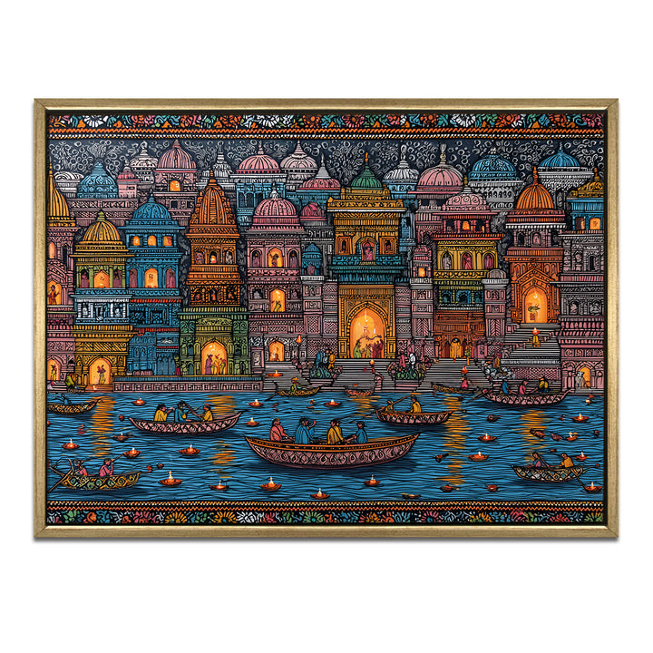 Banaras Ghats Painting Wall Art – Varanasi Riverfront with Golden Floater Frame – HD Print Large Canvas, Ready to Hang, Size: 3X4FT, (BAWA21)